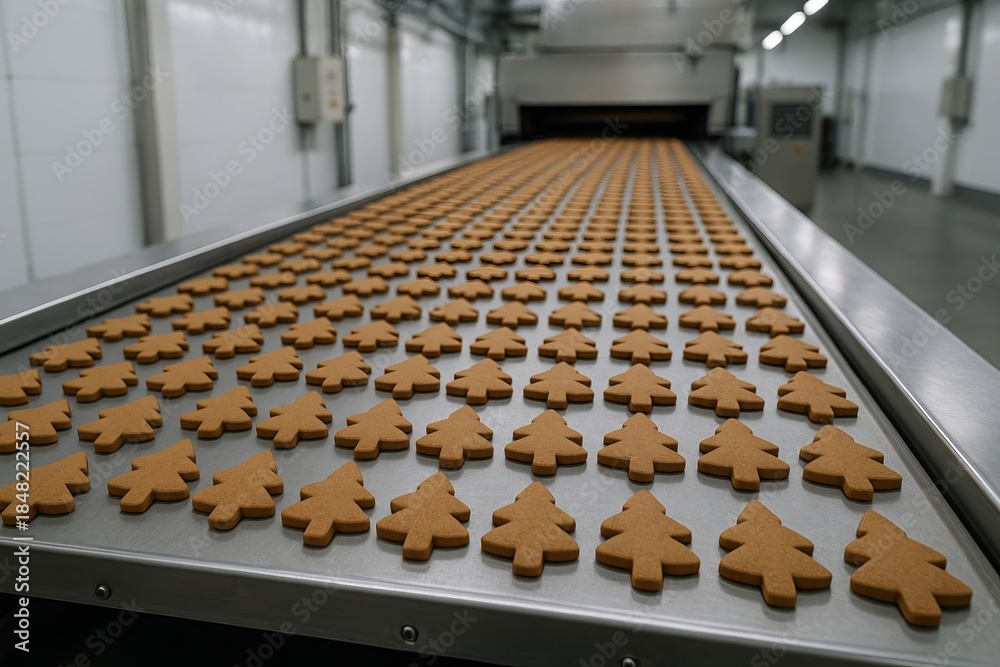 Naklejka premium Conveyor of gingerbread cookies in industrial bakery setting for mass production. concept of holiday sweets, baking industry efficiency, festive treat production