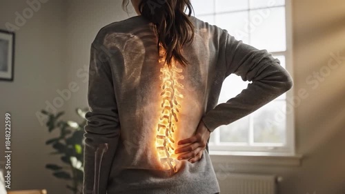 Woman experiencing back pain with augmented reality display of her spine and skeleton