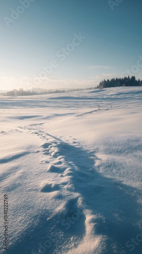 Footprints trail across a vast sunlit snowfield toward distant winter forest trees