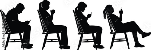 Silhouette sequence of seated woman using smartphone, showing posture changes and mobile phone addiction concept isolated on white background