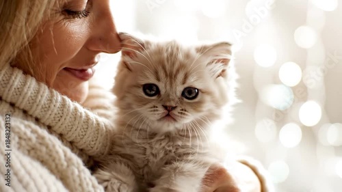 Woman hold fluffy kitten cute pet animal love and affection
