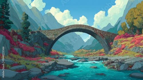 Digital illustration of an ancient stone arch bridge spanning a river in a valley, with mountains and colorful foliage