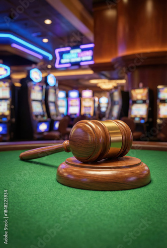High-Stakes Gaming Environment with Gavel and Casino Machines Under Neon Lights