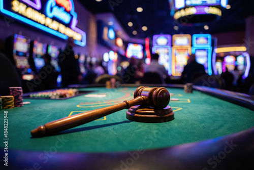 Intense Casino Scene Featuring a Wooden Gavel on a Green Felt Table with Vibrant Neon Lights