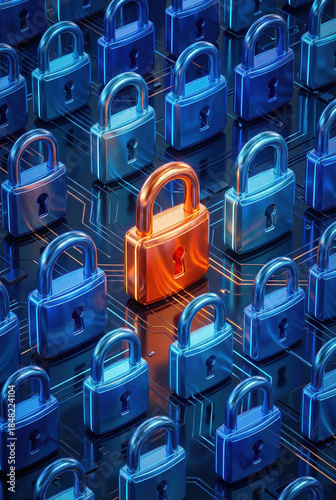 Unique Orange Padlock Standing Out in a Sea of Blue Cybersecurity Locks Reflecting Digital Protection