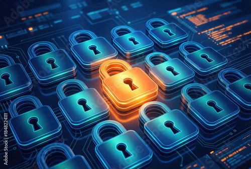 Eye-Catching Digital Security Concept Featuring Glowing Lock Amongst a Sea of Blue Locks with Cybersecurity Theme