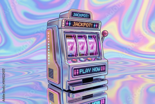 Vibrant Neon Slot Machine with Jackpot Icons Against a Dreamy Iridescent Background