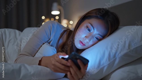 Woman using smartphone in bed at night illuminated by blue screen light