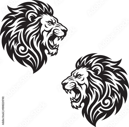 lion vector roaring head tribal style illustration, lion vector aggressive head black and white design