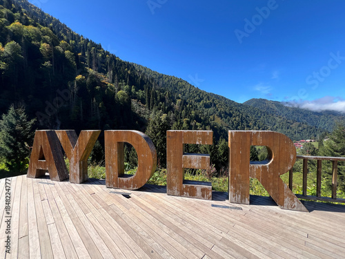 Ayder Sign and Forest in Kackar Mountain, Ayder, Rize, Turkiye