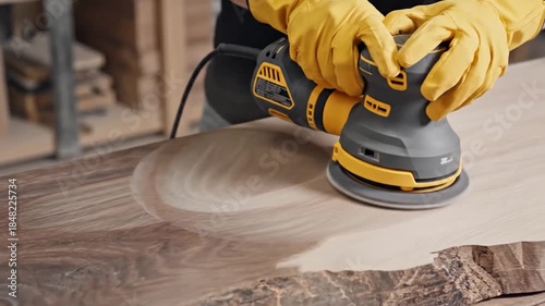 Woodworker sanding natural wood surface with orbital sander power tool for smooth finish close up