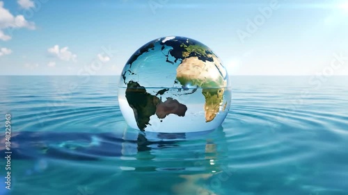 World globe floating in water depicting global issues and climate change concept