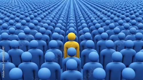 Yellow figure stands out among many blue abstract human forms in a conceptual representation of individuality and uniqueness
