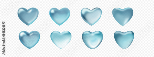 Transparent 3d glassy, water hearts. Set of blue vector heart shaped drops