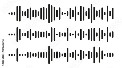 t of sound wave and voice message icons. Music waveform, audio track and radio symbols. Simple linear equalizer elements. Vector illustration.