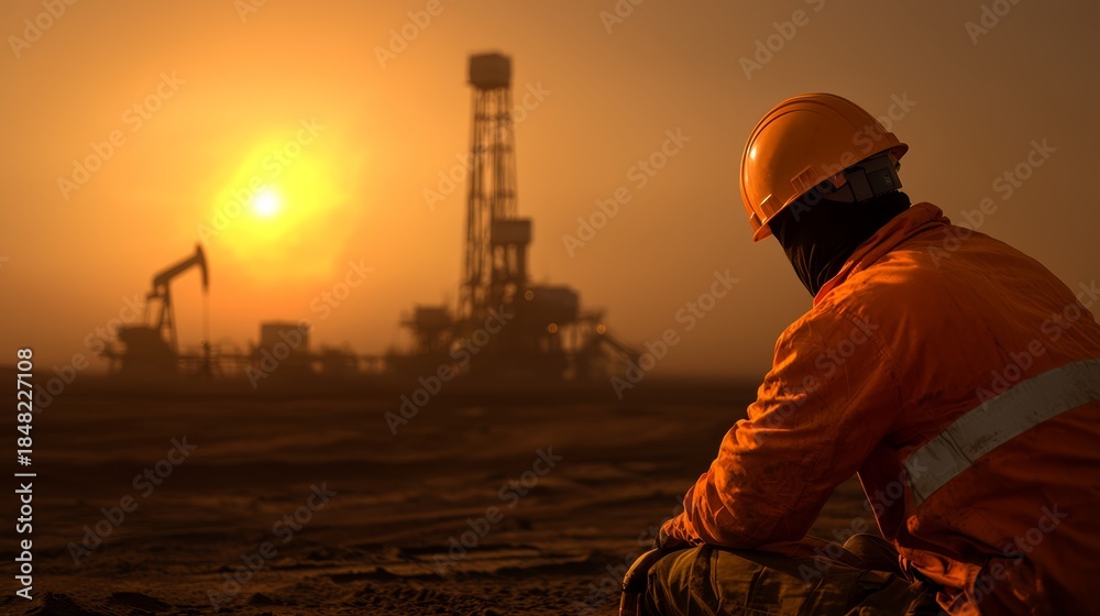 Fototapeta premium Sunset over oil rig industrial site photography desert environment wide-angle view energy production concept