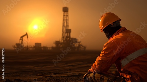 Sunset over oil rig industrial site photography desert environment wide-angle view energy production concept