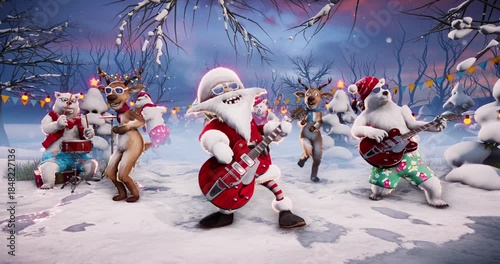 Christmas Party: Funny reindeer DJ, Santa Claus and polar bears dance on a winter holiday background. Animated video for greeting cards, festive events, and New Year’s parties.