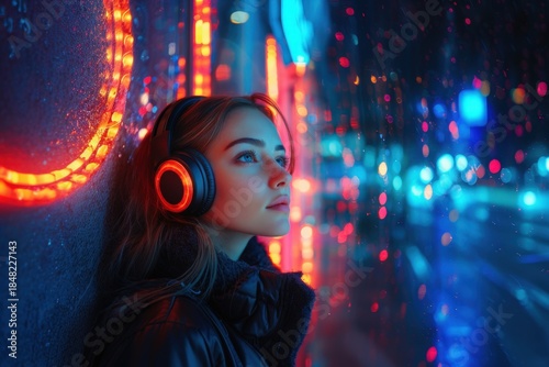 A woman wears red headphones while looking at a cityscape illuminated at night.