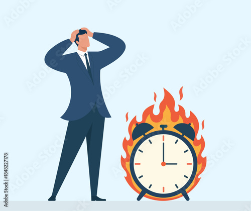 Burnout stress and urgent deadline pressure concept illustration, Stressful deadline, Time pressure, Burnout at work, Procrastination crisis, Business urgency