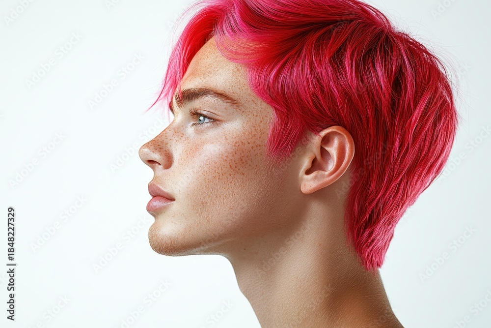 Naklejka premium A person with vibrant red hair is shown in a close-up portrait against a white background.