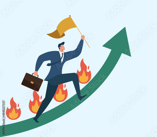 Businessman conquering challenges while driving growth, symbolizing leadership, resilience, ambition, progress, and success in a flat vector style, Leadership under pressure, Overcoming obstacles