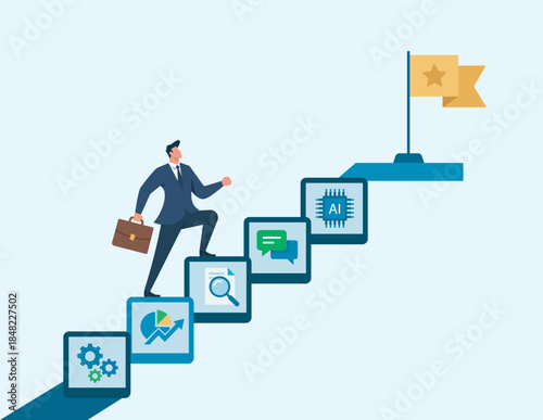 Business professional climbing data, analytics, communication, AI and innovation steps toward a strategic goal flag in a flat vector success concept illustration