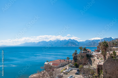 Sea and mountain views from the Antalya port area.