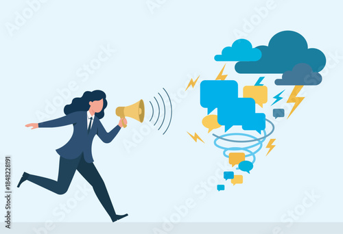Crisis Communication Storm – businesswoman with megaphone managing chaotic messages, social media reactions, and negative feedback during an online reputation crisis, Crisis Communication