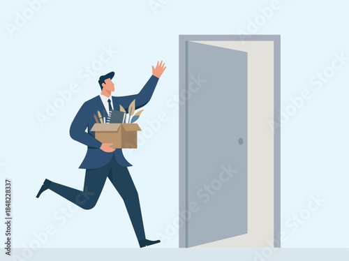 Excited New Employee Rushing Through Office Door With Box Of Work Supplies, Onboarding, New job start, Employee arrival, Office entrance, Career opportunity