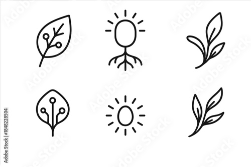 Neo-Organic Icons. Line style icons of Neo-Organic: digital leaf, glowing root, liquid stem, circuit petal, radiant seed, flowing
