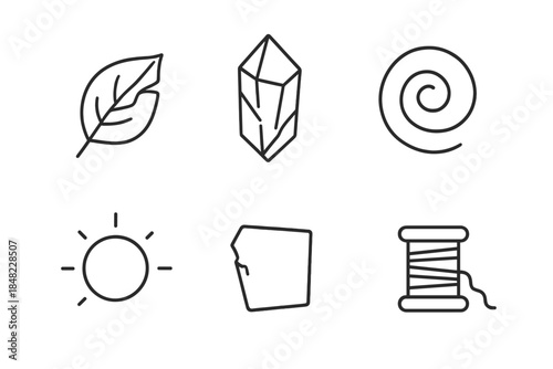 Broken Elegance Icons. Line style icons of Broken Elegance: torn leaf, fractured crystal, uneven spiral, faded glow, delicate chip