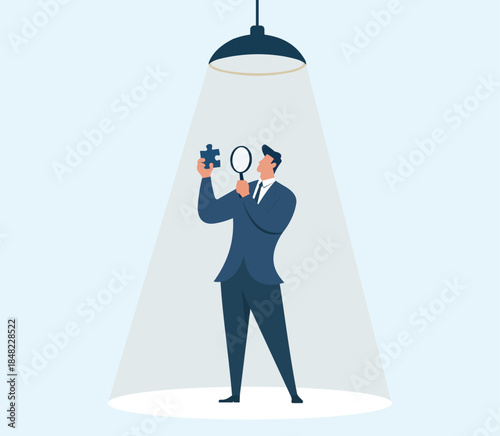 Focused problem solving under spotlight, Business investigation, Strategic decision making, Finding solutions, Leadership in focus, Corporate analysis, Insightful thinking