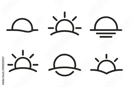 Golden Dusk Icons. Line style icons of Golden Dusk: sinking sun, fading ray, warm gradient, curved horizon, glowing edge, quiet