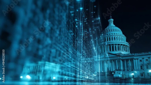 Futuristic depiction of a government building with a focus on financial data visualization in a vibrant night setting