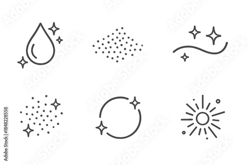 Radiant Powder Icons. Line style icons of Radiant Powder: glowing drop, floating dust line, shimmering curve, luminous drift,