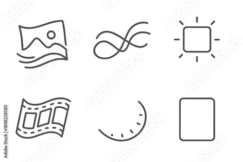 Memories Flowing Icons. Line style icons of Memories in Motion: flowing photograph, drifting ribbon, glowing frame, fading film