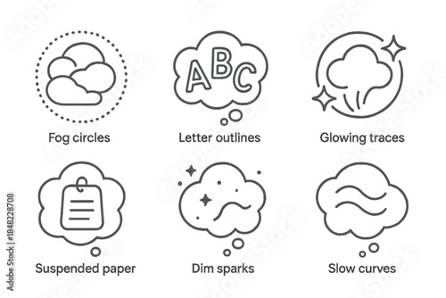 Clouded Words Icons. Line style vector icons of Clouded Words: fog circles, letter outlines, glowing traces, suspended paper, dim