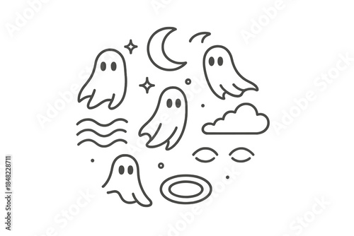 Ghostly Sleep Icons. Line style vector icons of Ghosts of Sleep: floating silhouettes, drifting moons, curved waves, fading eyes,