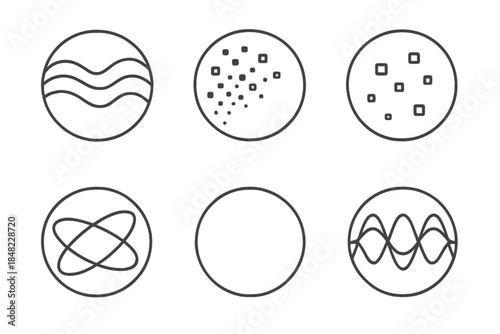 Digital Wave Fragments. Line style vector icons of Pixel Echoes: wave fragments, digital dust, floating squares, curved orbits,
