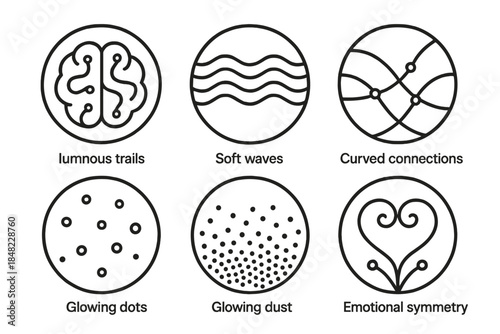 Memory Map Artwork. Line style vector icons of Memory Map: luminous trails, soft waves, curved connections, glowing dots, layered