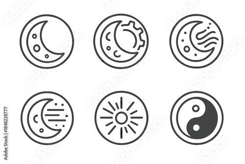 Moonworks Vector Icons. Line style vector icons of Moonworks: metallic moons, curved gears, glowing flow, vapor trails, radiant
