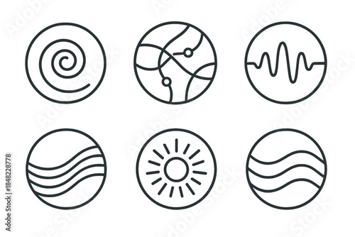 Mind Writing Icons. Line style vector icons of Mind Writing: ink spirals, glowing threads, neural rhythm, curved lines, radiant
