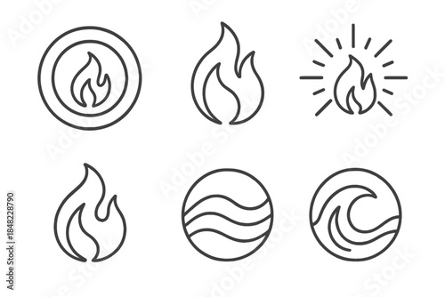 Transparent Flame Icons. Line style vector icons of Transparent Flame: luminous rings, curved fire, glowing beams, glass texture,