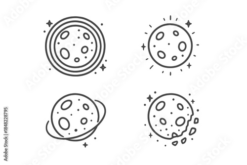 Lunar Vector Collage. Line style vector icons of Moon Collage: layered circles, glowing edges, curved motion, radiant dust, soft