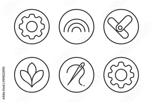 Velvet Mechanics Icons. Line style round vector icons of Velvet Mechanics: smooth gear, plush arc, flowing hinge, curved petal,