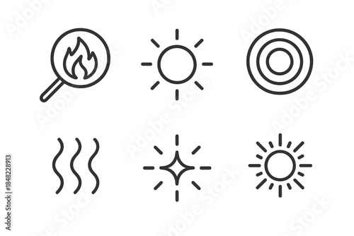 Luminous Heat Icons. Line style round vector icons of Luminous Heat: fire lens, hot glow, pulsing ring, thermal wave, radiant
