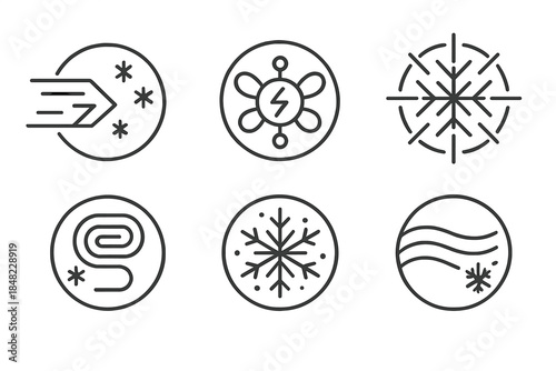 Glacial Voltage Icons. Line style round vector icons of Glacial Voltage: ice beam, magnetic node, radiant frost, frozen coil,