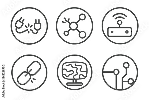Abandoned Network Icons. Line style round vector icons of Abandoned Networks: disconnected wire, rusted node, silent router, dead