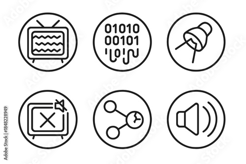 Dying Broadcast Icons. Line style round vector icons of Dying Broadcast: flickering channel, melting code, dim beam, silent screen